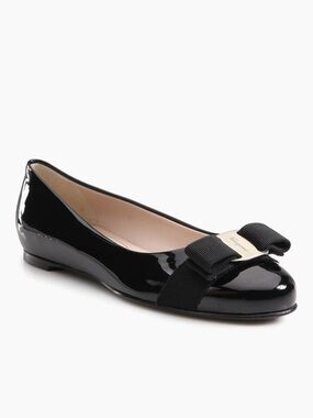 Salvatore Ferragamo Black Patent Leather Ballet Flat with Grosgrain Bow